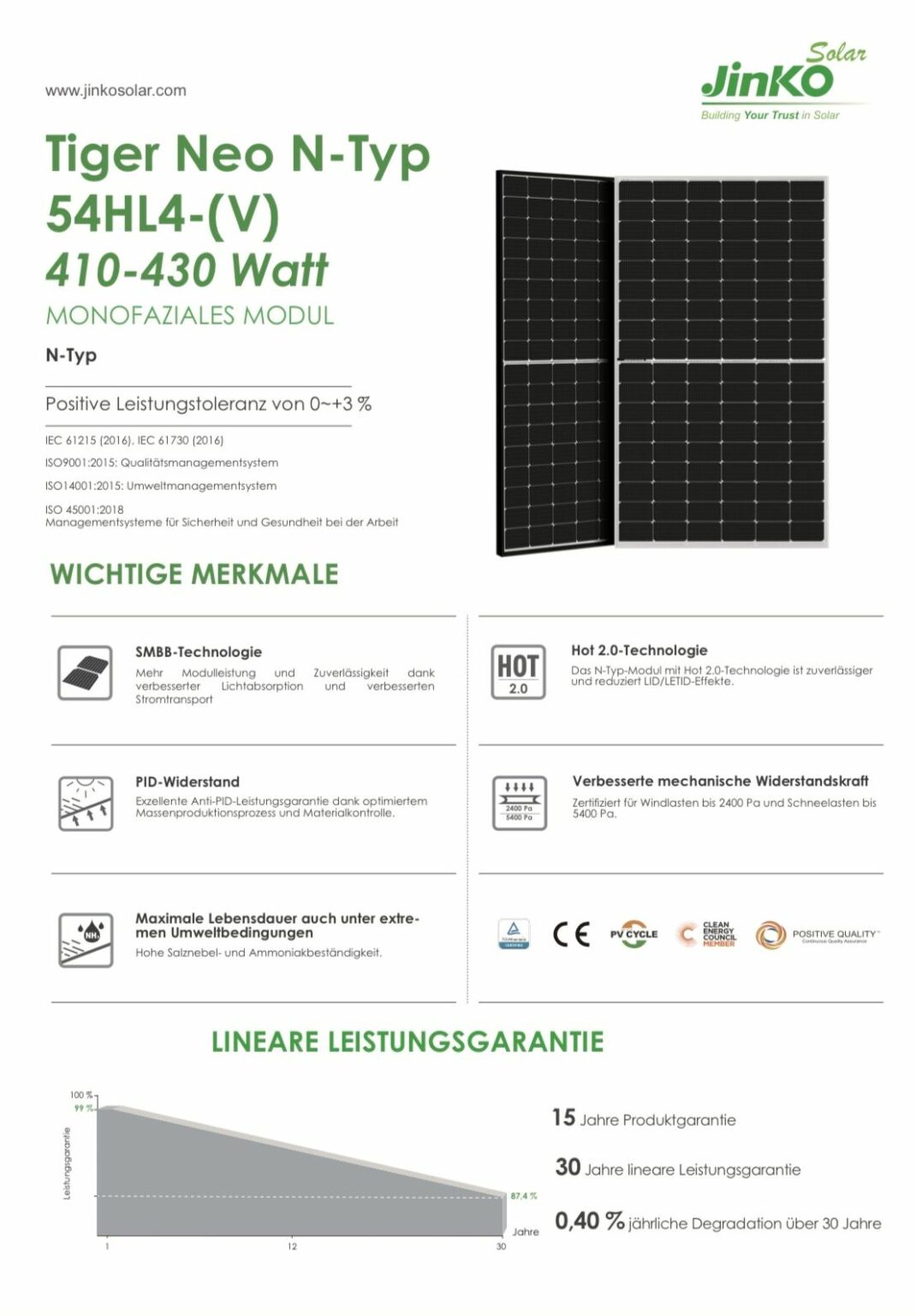 JinkoSolar JKM415N-54HL4-V Solarmodul PV Solar – Bild 3